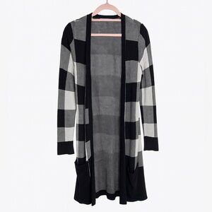 Valerie Stevens Buffalo Check Black White Cardigan Lightweight Long Sz Med